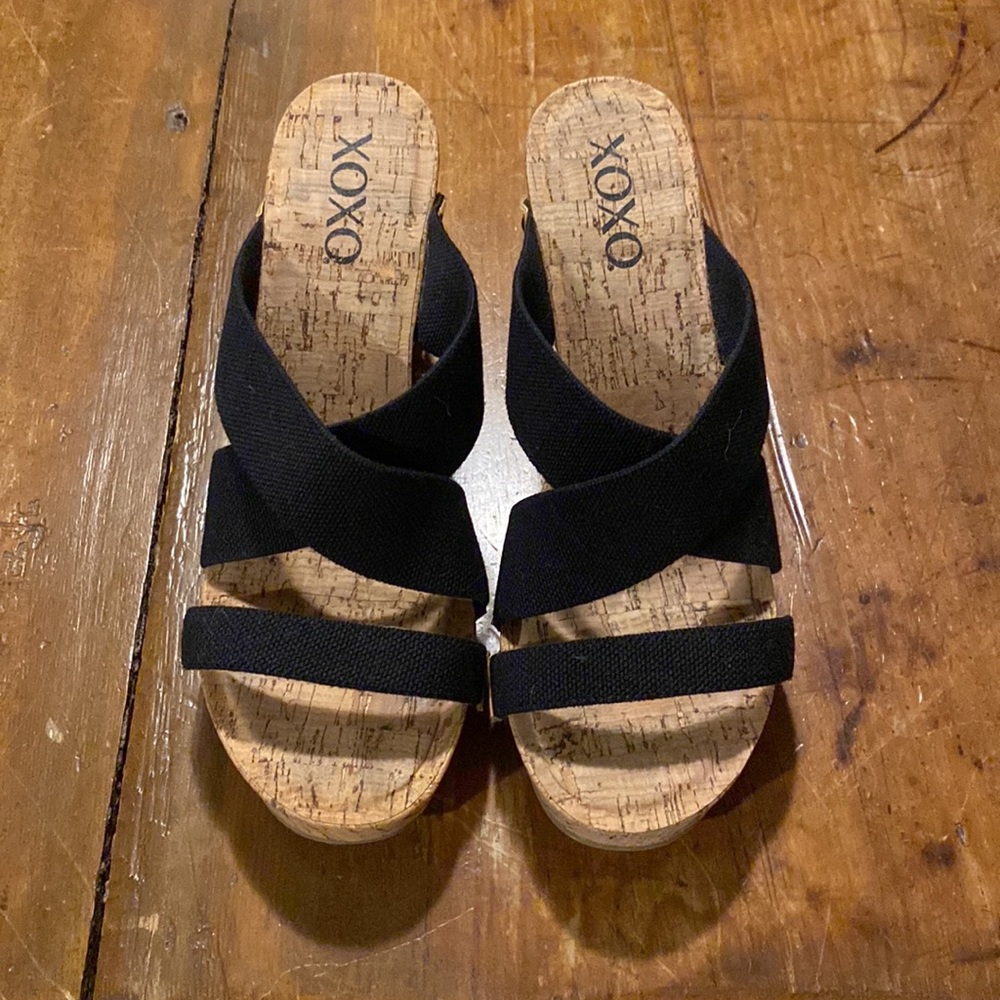 XOXO Belicia black cork wedges, 9, good preowned condition.